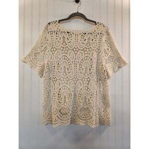 Women's Cream Crochet Open Knit Top & Tank Size L 2pc Stretchy Vacation Summer